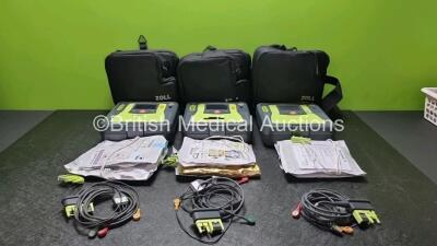 3 x Zoll AED PRO Defibrillators with 3 x Batteries, 3 x 3 Lead ECG Leads, 8 x Electrode Packs *All Out of Date* (All Power Up) in Carry Cases *SN AA07E005802 / AA13C027859 / AA07E006012*