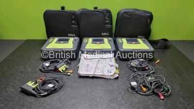 3 x Zoll AED PRO Defibrillators with 3 x Batteries, 3 x 3 Lead ECG Leads, 3 x Electrode Packs *All in Date * (All Power Up, 1 x Scratches on Screen, See-Photo) in Carry Cases *SN AA06D002401 / AA06H003392 / AA10C016820*