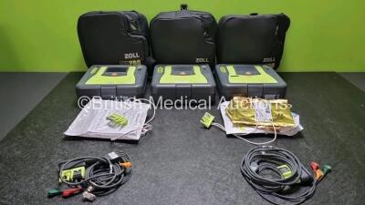 3 x Zoll AED PRO Defibrillators with 3 x Batteries, 2 x 3 Lead ECG Leads, 6 x Electrode Packs *4 x in Date 2 x Out of Date* (All Power Up) in Carry Cases *SN AA13C027933 / AA10J019074 / AA13C027866*