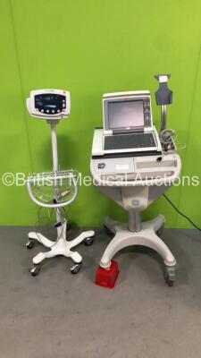 1 x GE MAC 5500 HD ECG Machine on Trolley (Draws Power with Blank Screen and Missing Trolley Wheel) and 1 x Welch Allyn 53N00 Monitor with Finger Sensor on Stand (No Power Supply) *SCD07440397PA*