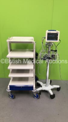 Mixed Lot Including 1 x CTL Medical Stack Trolley and 1 x Welch Allyn Propaq CS Monitor Including ECG, SpO2, NIBP, T1 and T2 Options with 1 x NIBP Hose, 1 x BP Cuff, 1 x SpO2 Finger Sensor and 1 x AC Power Supply on Stand (Powers Up) *SN GA115807, 8590*