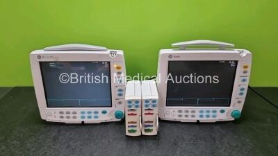 2 x GE Datex Ohmeda S/5 Patient Monitors, 2 x E-PSMP-01 Modules with ECG, SpO2, NIBP, P1, P2, T1 and T2 Options (Both Power Up, Damage to Casing See-Photos)