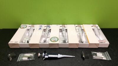 Job Lot Including 5 x Sartorius 1 Channel Pipettes with Accessories in Boxes and 1 x Gilson Pipetman Pipette