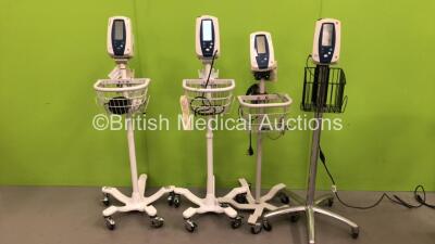 4 x Welch Allyn Spot Vital Signs Monitors on Stands with 3 x AC Power Supplies (All Power Up)