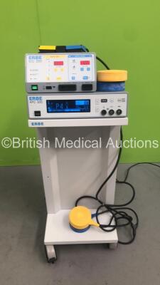 ERBE ICC 200 Electrosurgical / Diathermy Unit (Some Front Casing Damage - See Photo) with ERBE APC 300 Argon Coagulator Unit Version 2.20 on Stand with 3 x Footswitches (Powers Up) *21286 / 21287*