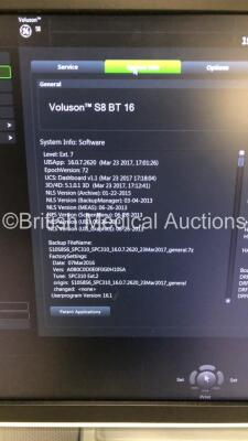 GE Voluson S8 BT16 Flat Screen Ultrasound Scanner *S/N VS8002316* **Mfd 11/2017** Software Version SPC310 (16.0.7.2620) with 2 x Transducers / Probes (RAB6-RS Ref H48691LP *Mfd 04/2020* and IC9-RS Ref H48691PJ *Mfd 11/2017*) and Sony UP-D898 Digital Graph - 12