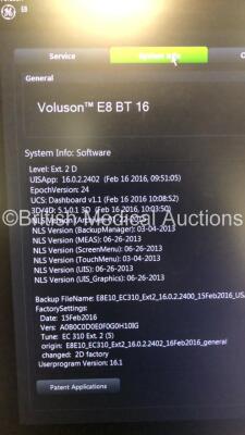 GE Voluson E8 BT16 Flat Screen Ultrasound Scanner *S/N E33717* **Mfd 06/2016** Software Version EC310 (16.0.2.2402) with 2 x Transducers / Probes (RAB6-D Ref H48681MG *Mfd 06/2016* and IC%-9-D Ref 5492351 *Mfd 11/2017*) and Sony UP-D898 Digital Graphic Pr - 12