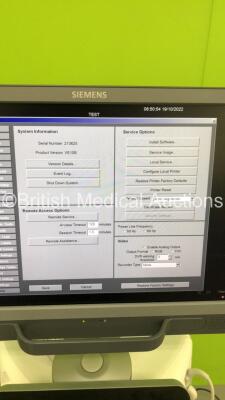 Siemens Acuson S2000 Flat Screen Ultrasound Scanner Model No 10041461 *S/N 213625* **Mfd 05/2016** Software Version 500.1.061 with 3 x Transducers / Probes (PEVF4 Model No 10041223 *Mfd 2016* / MC9-4 Model No 10349999 *Mfd 2016* and 8C3 HD Model No 10135 - 32