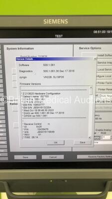 Siemens Acuson S2000 Flat Screen Ultrasound Scanner Model No 10041461 *S/N 213625* **Mfd 05/2016** Software Version 500.1.061 with 3 x Transducers / Probes (PEVF4 Model No 10041223 *Mfd 2016* / MC9-4 Model No 10349999 *Mfd 2016* and 8C3 HD Model No 10135 - 33