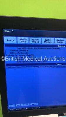 GE Logiq E9 XDclear 2.0 Flat Screen Ultrasound Scanner Ref 5205000-9 *S/N 200188US6* **Mfd 2015** Software Version R6 Software Revision 1.5 with 1 x Transducer / Probe (C1-5-D Ref 5261135 *Mfd 08/2011*) (Powers Up - Missing Dial - See Pictures) ***IR693** - 7