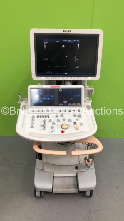 Philips iE33 Flat Screen Ultrasound Scanner on F.3 Cart *S/N 039X88* **Mfd 11/2009** Software Version 6.3.6.343 with 2 x Transducers / Probes (S5-1 and D2cwc) and 3 Lead ECG Leads (Powers Up) ***IR686***