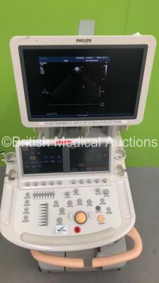 Philips iE33 Flat Screen Ultrasound Scanner on F.3 Cart *S/N 039X88* **Mfd 11/2009** Software Version 6.3.6.343 with 2 x Transducers / Probes (S5-1 and D2cwc) and 3 Lead ECG Leads (Powers Up) ***IR686*** - 2