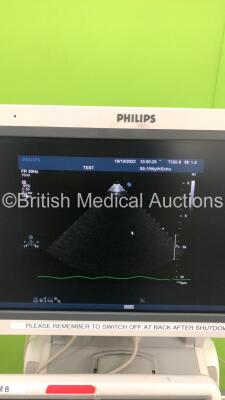 Philips iE33 Flat Screen Ultrasound Scanner on F.3 Cart *S/N 039X88* **Mfd 11/2009** Software Version 6.3.6.343 with 2 x Transducers / Probes (S5-1 and D2cwc) and 3 Lead ECG Leads (Powers Up) ***IR686*** - 4