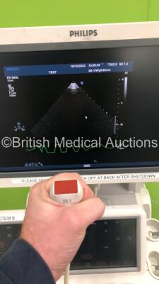 Philips iE33 Flat Screen Ultrasound Scanner on F.3 Cart *S/N 039X88* **Mfd 11/2009** Software Version 6.3.6.343 with 2 x Transducers / Probes (S5-1 and D2cwc) and 3 Lead ECG Leads (Powers Up) ***IR686*** - 6