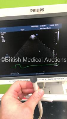 Philips iE33 Flat Screen Ultrasound Scanner on F.3 Cart *S/N 039X88* **Mfd 11/2009** Software Version 6.3.6.343 with 2 x Transducers / Probes (S5-1 and D2cwc) and 3 Lead ECG Leads (Powers Up) ***IR686*** - 7