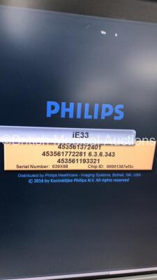 Philips iE33 Flat Screen Ultrasound Scanner on F.3 Cart *S/N 039X88* **Mfd 11/2009** Software Version 6.3.6.343 with 2 x Transducers / Probes (S5-1 and D2cwc) and 3 Lead ECG Leads (Powers Up) ***IR686*** - 8