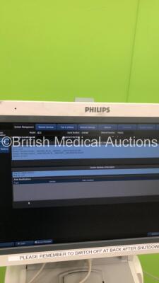 Philips iE33 Flat Screen Ultrasound Scanner on F.3 Cart *S/N 039X88* **Mfd 11/2009** Software Version 6.3.6.343 with 2 x Transducers / Probes (S5-1 and D2cwc) and 3 Lead ECG Leads (Powers Up) ***IR686*** - 9