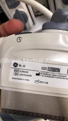 GE Logiq E9 Flat Screen Ultrasound Scanner Ref 5205000-2 *S/N 95891US8* **Mfd 03/2009** Software Version R2.0.4 with 4 x Transducers / Probes (C1-5-D Ref 5261135 *Mfd 05/2012* / ML6-15-D Ref 5199103 *Mfd 08/2014* / 9L-D Ref 5194432 *Mfd 08/2017* and IC5-9 - 12