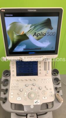 Toshiba Aplio 500 TUS-A500 Ultrasound Scanner *S/N T1D12X3321* **Mfd 10/2012** with 1 x Transducer / Probe (PVT-375BT *Mfd 08/2012*) and Sony UP-D897 Digital Graphic Printer (Powers Up with Error - See Pictures - Unable to Gain Access to About Page) ***IR - 3