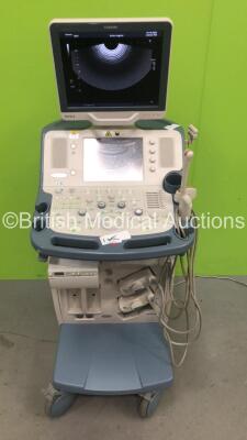 Toshiba Xario SSA-680A Flat Screen Ultrasound Scanner *S/N 15E10Y3115* **Mfd 2010** with 2 x Transducers / Probes (PVT-661VT *Mfd 2013* and PVT-375BT *Mfd 2013*) and Sony UP-D897 Digital Graphic Printer (Powers Up - 1 x Side Trim Damaged - 1 x Side Trim M