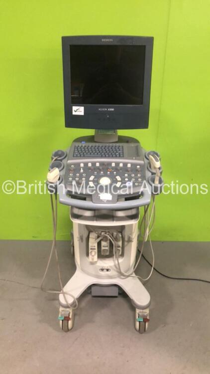 Siemens Acuson X300 Flat Screen Ultrasound Scanner *S/N 320398* **Mfd 06/2009** Model No 10037409 with 3 x Transducers / Probes (CH5-2 / VF13-5SP and VF10-5) and Sony UP-D897 Digital Graphic Printer (Powers Up with Blank Screen)