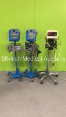 Job Lot of Patient Monitors Including 2 x GE PRO 400V2 Patient Monitors on Stands with Various Leads (1 Powers Up, 1 No Power) 1 x Welch Allyn 52000 Patient Monitor on Stand with 1 x AC Power Supply (Powers Up)