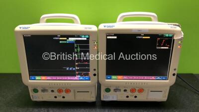 2 x Fukuda Denshi DS-7200 Patient Monitors Including ECG, SpO2, NIBP, BP1, BP2, TEMP1, TEMP2, Microstream CO2 and Printer Options with 2 x CO2 Microstream Units (Both Power Up) *SN 50000053 / 50000047*