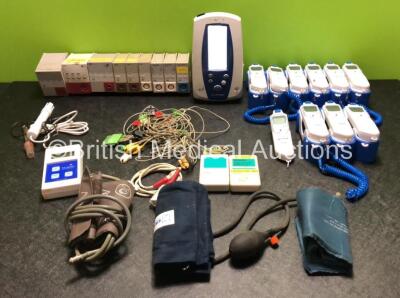 Job Lot Including 10 x Covidien Genius 2 Tympanic Thermometers with 9 x Bases, 1 x Welch Allyn Spot Vital Signs Monitor (Powers Up with Damage to Casing - See Photos) 9 x Various Modules, 1 x Bluelab Combo Meter, 2 x Siemens ECG Recorders and 3 x BP Cuffs