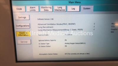 Aeonmed VG70 Ventilator Software Version 2.00, Running Hours 0h 16m with 1 x Hose on Stand with Accessories *Mfd 07-2020* (Powers Up) - 2