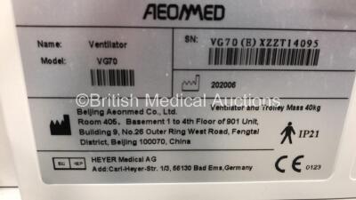 Aeonmed VG70 Ventilator Software Version 2.00, Running Hours 0h 16m with 1 x Hose on Stand with Accessories *Mfd 07-2020* (Powers Up) - 5