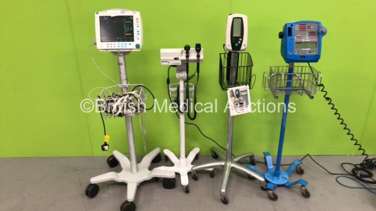 Job Lot Including 1 x Welch Allyn 767 Transformer with Attachments, 1 x Welch Allyn 420 Series Patient Monitor on Stand, 1 x Datex Ohmeda S/5 FM Monitor on Stand with E-PSM-00 Module and Various Leads and 1 x GE Pro 400 Patient Monitor on Stand (All Power