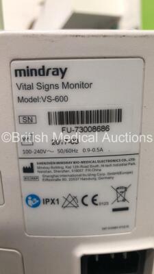 5 x Mindray VS-600 Vital Signs Monitors with SPO2 and NIBP Options on Stands (All Power Up with 1 x Condensation Damage - See Photo) *FU-73008686 / 03020378 / 8B014686 / 73008733 / 52002920* - 6