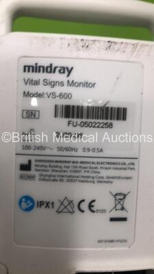 5 x Mindray VS-600 Vital Signs Monitors with SPO2 and NIBP Options on Stands (All Power Up) *FU-03020190 / 4C002532 / 07022959 / 05022258 / 52002923* - 4