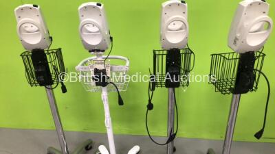 4 x Welch Allyn Spot Vital Signs Monitors on Stands with 4 x AC Power Supplies (All Power Up) - 4