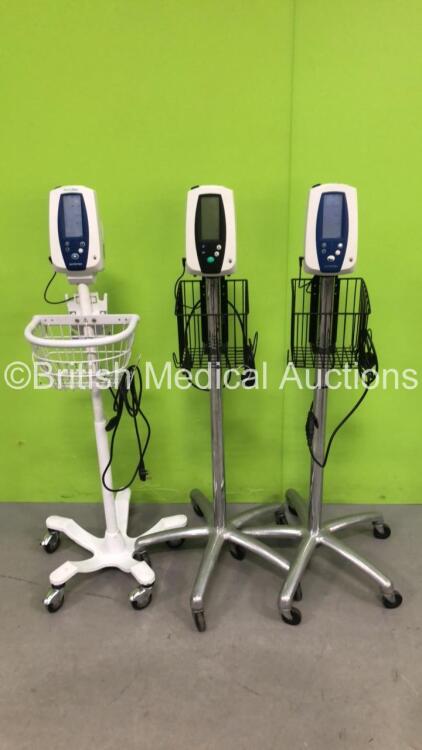 3 x Welch Allyn Spot Vital Signs Monitors on Stands with 3 x AC Power Supplies (All Power Up)