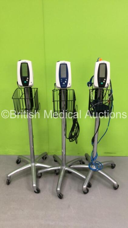 3 x Welch Allyn Spot Vital Signs Monitors on Stands with 3 x AC Power Supplies (All Power Up)