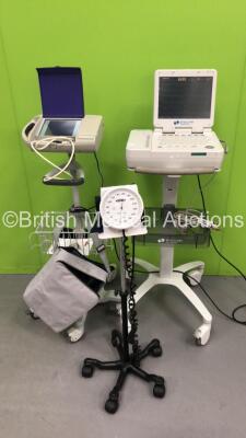 Mixed Lot Including 1 x Spacelabs Cardio Express SL12 ECG Machine on Stand with 10 Lead ECG Lead (Powers Up with Damaged Casing-See Photo) 1 x Accoson BP Meter on Stand with BP Cuff and 1 x Portascan + Bladder Scanner on Stand with 1 x Transducer / Probe