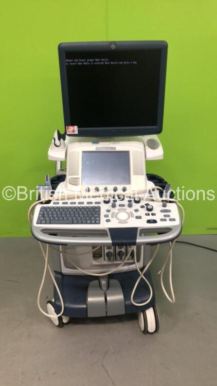 GE Logiq E9 Flat Screen Ultrasound Scanner *Mfd 03-2014* with 3 x Ultrasound Transducer / Probes (2 x 9L-D Ref.5194432 *Mfd - 09/2012 / 01-2013* and 1 x C1-5-D Ref.5261135 *Mfd 03-2012) (Powers Up with HDD Removed) *126050US4*