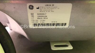GE Logiq E9 Flat Screen Ultrasound Scanner *Mfd 03-2014* with 3 x Ultrasound Transducer / Probes (2 x 9L-D Ref.5194432 *Mfd - 09/2012 / 01-2013* and 1 x C1-5-D Ref.5261135 *Mfd 03-2012) (Powers Up with HDD Removed) *126050US4* - 12