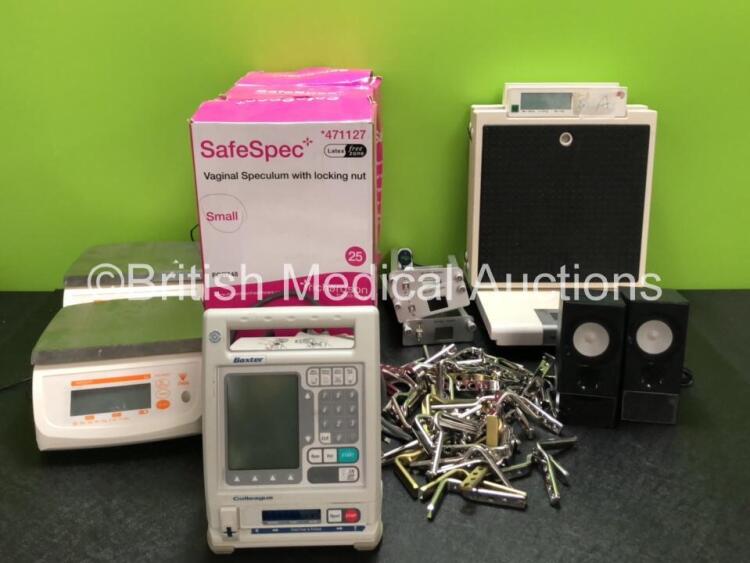 Mixed Lot Including 2 x Digi Weighing Scales, 2 x Seca Weighing Scales, 1 x Marsden Weighing Scales, 1 x Baxter Colleague Pump, 3 x Boxes of SafeSpec Vaginal Speculum with Locking Nut *Expired* 3 x Unknown Cover / Plates, Pair of Edifier USB Multimedia Sp