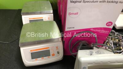 Mixed Lot Including 2 x Digi Weighing Scales, 2 x Seca Weighing Scales, 1 x Marsden Weighing Scales, 1 x Baxter Colleague Pump, 3 x Boxes of SafeSpec Vaginal Speculum with Locking Nut *Expired* 3 x Unknown Cover / Plates, Pair of Edifier USB Multimedia Sp - 2