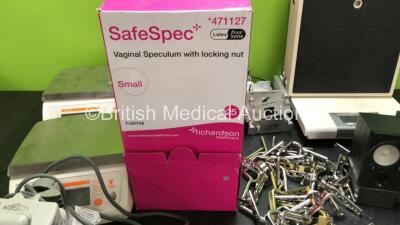 Mixed Lot Including 2 x Digi Weighing Scales, 2 x Seca Weighing Scales, 1 x Marsden Weighing Scales, 1 x Baxter Colleague Pump, 3 x Boxes of SafeSpec Vaginal Speculum with Locking Nut *Expired* 3 x Unknown Cover / Plates, Pair of Edifier USB Multimedia Sp - 5