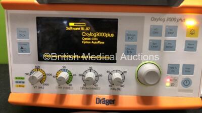 Drager Oxylog 3000 Plus Transport Ventilator Software Version 01.07 with 1 x AC Power Supply and Hose (Powers Up) *SN ASBJ-0058* - 2