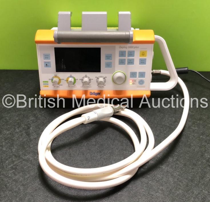 Drager Oxylog 3000 Plus Transport Ventilator Software Version 01.07 with 1 x AC Power Supply and Hose (Powers Up) *SN ASBJ-0050*