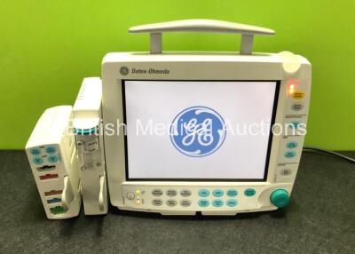 GE Datex Ohmeda F-FM-01 Patient Monitor *Mfd 2012* (Draws Power, Does Not Power Up) with 1 x GE Type E-PSMP-01 Multiparameter Module *Mfd 2013* with ECG, SpO2, T1/T2, P1/P2 and NIBP Options (Damage to Casing - See Photos) and 1 x GE N-FC-00 Gas Module wit