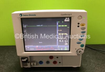 Datex Ohmeda Cardiocap 5 Anesthesia Monitor with ECG, SpO2, NIBP, T1, T2, P1 and P2 Options with D-fend Water Trap (Powers Up with Missing Dial - See Photos)