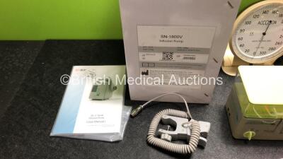 Mixed Lot Including 1 x Sino Medical SN-1800V Infusion Pump *Mfd 2020* (Unused in Box) 3 x Digital BP Monitors, 1 x Microstim Supramaximal Stimulator, 1 x ProPulse Next Generation Ear Care Unit, Large Quantity of Ramblegard Protection Covers, 6 x Nebulize - 3