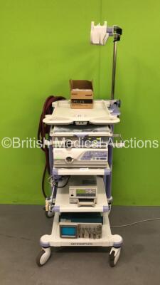 Olympus Stack Trolley with 1 x Olympus EVIS Lucera CLV-260SL Light Source, 1 x Olympus EVIS Lucera CV-260SL Digital Processor Unit, 1 x Keyboard, 1 x Sony UP-21MD and 1 x Tektronix 2235 Oscilloscope (All Power Up) *7722891 / 7712554 / 59083*