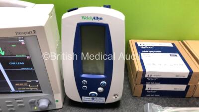 Job Lot Including 1 x Datascope Passport 2 Patient Monitor (Powers Up with Slight Damage to Casing - See Photos) 1 x Welch Allyn Spot Vital Signs Monitor (Untested Due to No Power Supply) and Various Patient Monitoring Accessories - 7