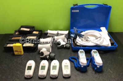 Mixed Lot Including 7 x Loral Microwave-Narda Monitors in Cases, 4 x AcelRX Zalviso Units with 4 x Chargers and 5 x Holders, 2 x Covidien Genius 2 Tympanic Thermometers with Bases and 1 x Manujet II in Case